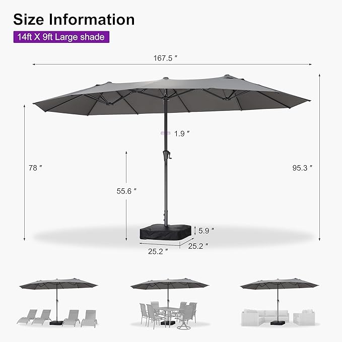 PURPLE LEAF 14ft PatioUmbrella Outdoor Double-Sided Umbrella with Base and Crank Rectangle Market Table Umbrella for Pool Deck Garden, Grey