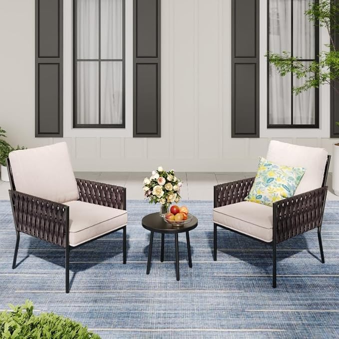 3-Piece Patio Furniture Set, Armchairs with Coffee Table,Modern Wicker Outdoor Conversation Set with Waterproof Thick Cushion for Deck,Backyard,Porch,Beige