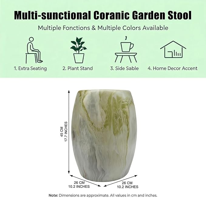 Decorative Ceramic Garden Stool, Hand-Crafted Outdoor Side Table, Shoe Changing Drum Stool for Patio, Living Room Accent Furniture(Green 2)