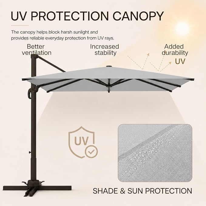 Kingdura 9' X 9' Cantilever Patio Umbrella with Base Included, Large Square Outdoor Offset Umbrella with 360-degree Rotation, 4 Position Tilt, UV Protection for Pool Deck Garden Patio (Light grey)