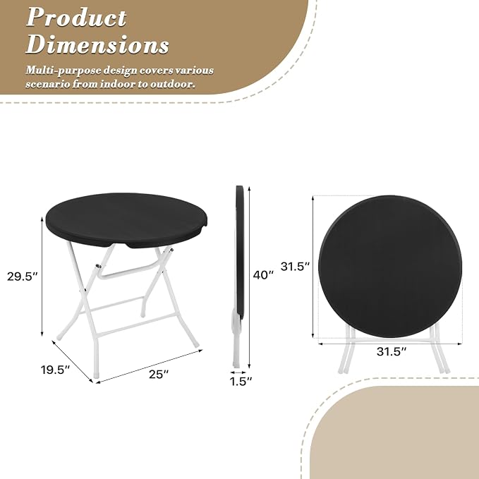 Athena Collection 2.6ft Folding Table, Portable Plastic Round Table Collapsible Card Craft Table with Steel Legs for Indoor Outdoor, Foldable Utility Dining Table for Commercial Camping Party, Black