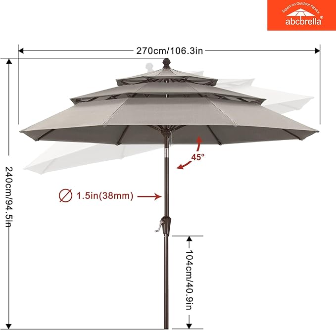 ABCCANOPY 5-Year 10-Year No Fading 9FT 3 Tiers Patio Umbrella, Outdoor Table Umbrella with 8 Sturdy Ribs for Deck, Backyard, Garden, Yard
