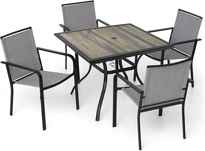 Anmutig 5 Piece Outdoor Patio Dining Set with Gray Stackable Chairs and 37" PVC Square Table