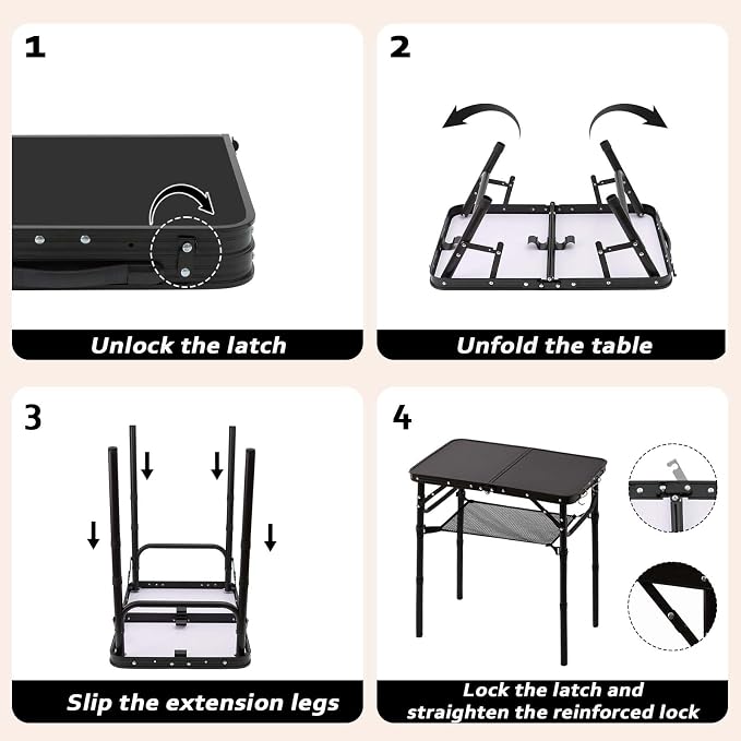 YihuiKo Folding Picnic Table with Storage Net, Matte Black Aluminum Folding Table 23.6" x 15.8", Adjustable Height Max 27.5", Lightweight Portable for Camping Travel Indoor