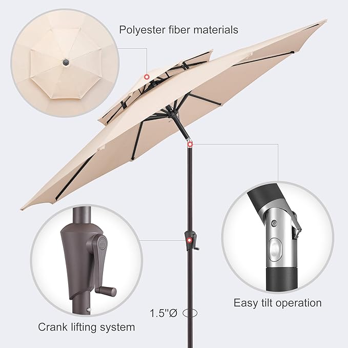 9FT Outdoor Patio Umbrella - 2 Tiers Table Umbrella Waterproof UV Protection, Sombrillas de Patio with Push Button Tilt, Sun Umbrella for Pool, Porch, Garden, Backyard (Beige)