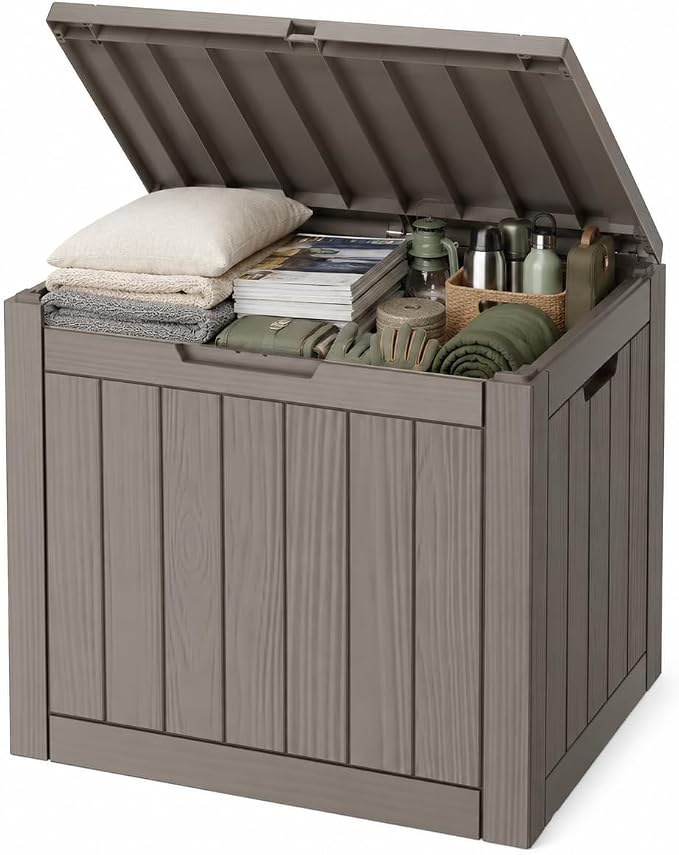 Outdoor Deck Patio Storage Box - 35 Gallon Small Outdoor Deck Box, Plastic Storage Bin with Lid, Outside Toy Box & Pool Storage Container for Cushions, Garden Tools, Towel, Lockable Chest, Brown