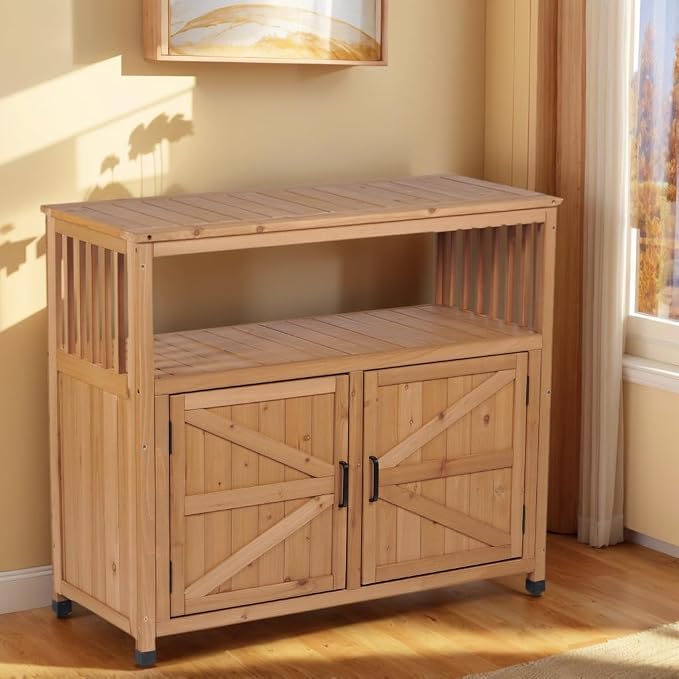Wooden Outdoor Bar Table with Storage - Weatherproof Patio Cabinet for Deck/Backyard, Multi-Purpose Buffet Sideboard