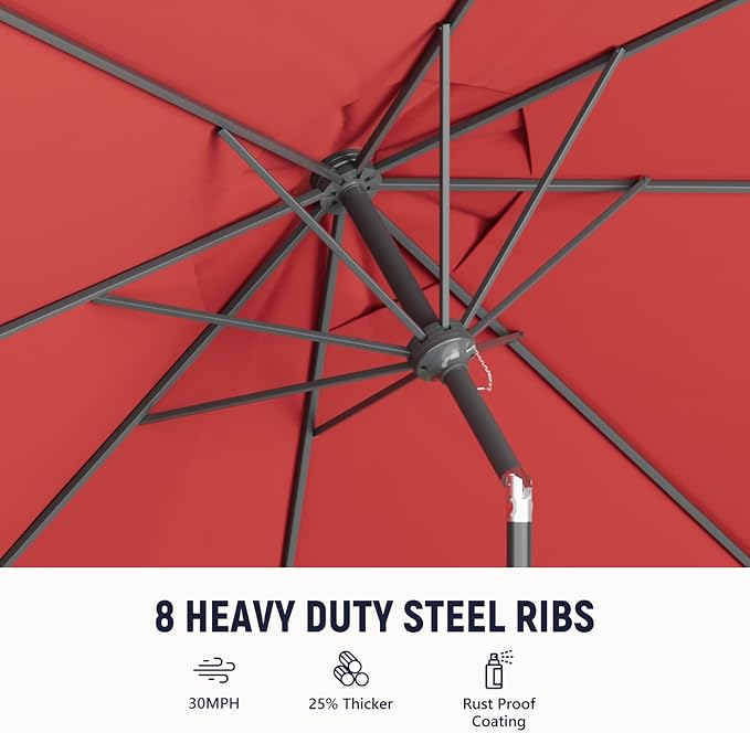 Outdoor Patio Umbrella with One Push Button Tilt and Crank, 8 Sturdy Ribs Market Table Umbrella