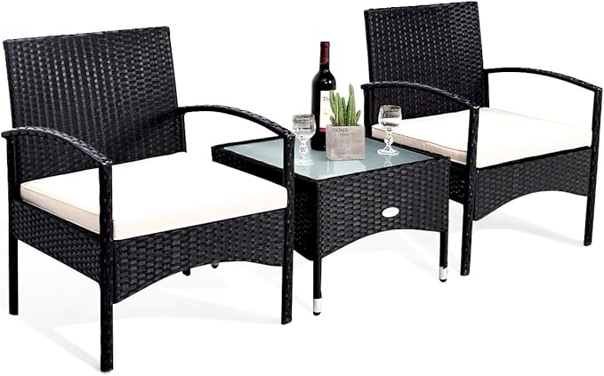 Tangkula 3 PCS Patio Wicker Rattan Furniture Set, Rattan Chair with Coffee Table, High Load Bearing Chair Conversation Sets for Patio Garden Lawn Backyard Pool (Black)