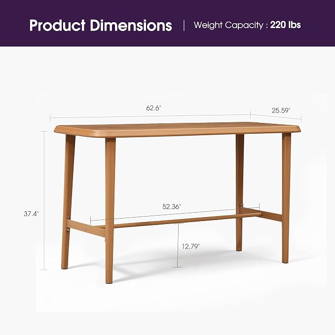PURPLE LEAF Counter Height Table Patio Retangluar Table Dining Coffee Kitchen Breakfast Bistro Outdoor Pub Bar Table for Garden Balcony, Teak