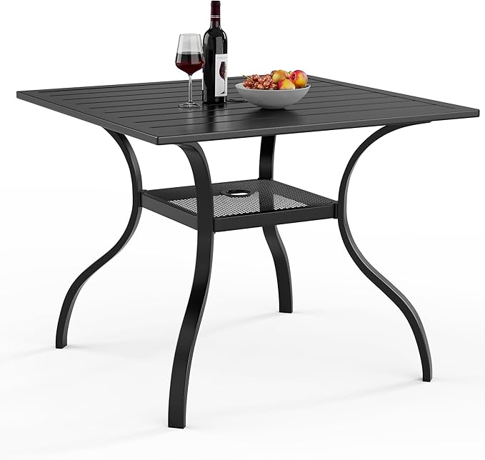 Betterland Patio Square Dining Table 37" x 37" Outdoor Metal Steel Frame & Slat Tabletop with 1.57" Umbrella Hole for 4 Person, Classic Black