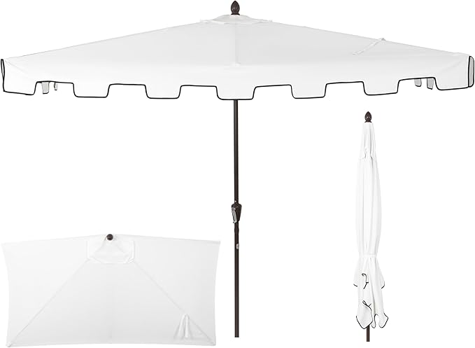 JONATHAN Y Sidney Coastal 9 ft. White Half Umbrella for Outdoor Patio, Space-Saving Rectangular Wall Sun Shade with Crank Lift, UV Protection for Balcony, Deck, Dark Brown Pole UMB1200D