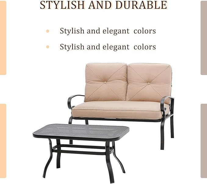 Outdoor 2 Pcs Patio Loveseat Bench Set with Bistro Coffee Table and Patio Steel Frame Sofa with Cushion, Wrought Iron Look, Lawn Front Porch Garden (Brown)