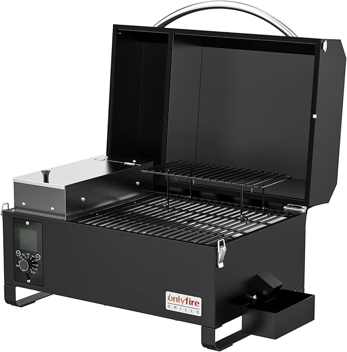 ONLYFIRE GRILLS BBQ Wood Pellet Grill Smoker with Meat Probe, 2 Tiers Cooking Area, Portable Tabletop Grilling Stove for Outdoor Kitchen Cooking Smoke and Roast, RV Camping, Black GS314