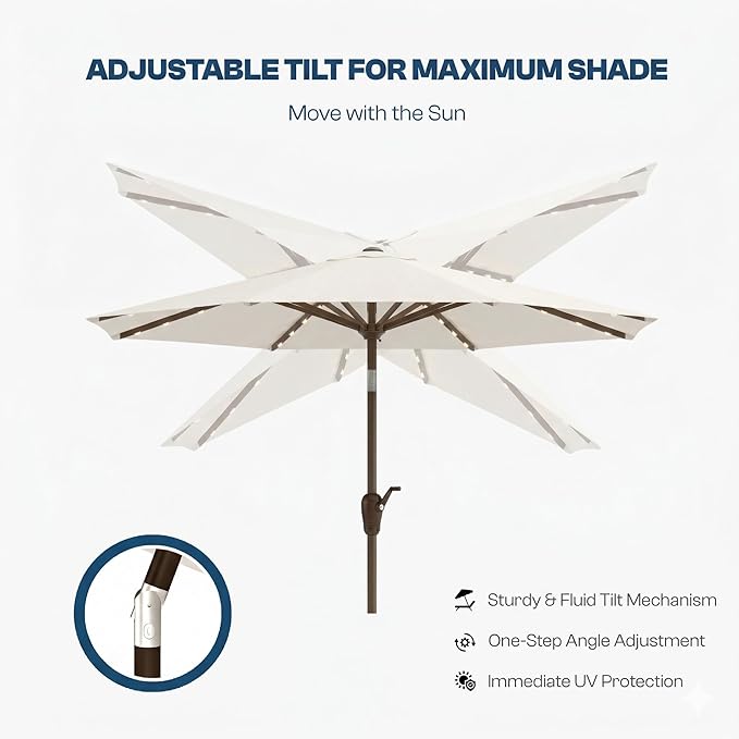 10FT Solar Patio Umbrella with Lights, Outdoor Table Market Umbrella with 32 LED Lights, 8 Sturdy Ribs, Push Button Tilt and Crank for Pool, Deck and Garden, UV-Resistant