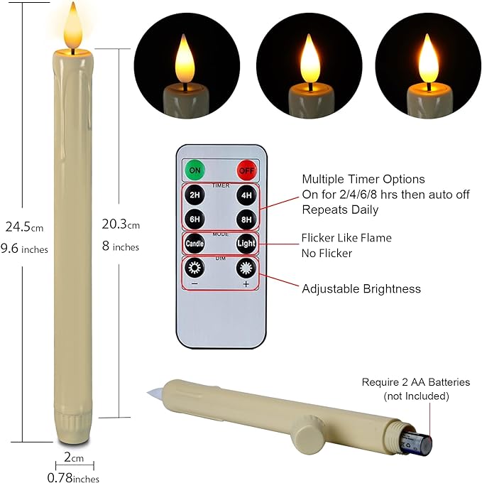 Homemory 24 Pcs Flameless Taper Candles with Remote, Timer, Plastic Battery Operated CandleSticks, Ivory Led Window Candles with Flickering Light, 9.6 Inches for Christmas Home Wedding Decor