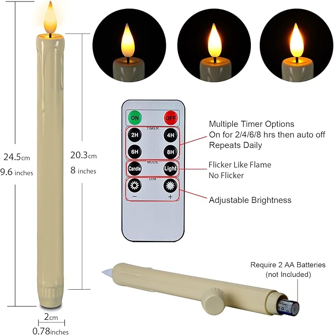 Homemory 3 Pcs Flameless Taper Candles with Remote Timer Dimmer, 9.6" Ivory LED Candlesticks Battery Operated, Plastic Flickering Flameless Candles for Fireplace Wedding Seasonal Indoor Decorations