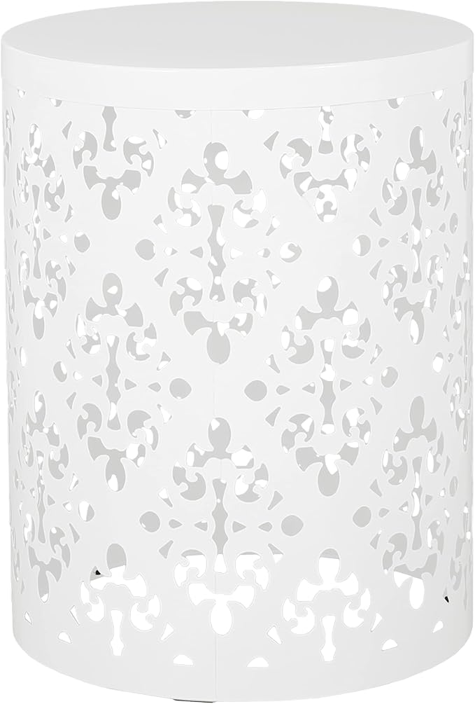 14" Cylindrical Side Table with Floral Iron Cut, Stylish End Table with Powder-Coated Iron, Practical Accent Table with No Assembly for Outdoor Patio Garden, White