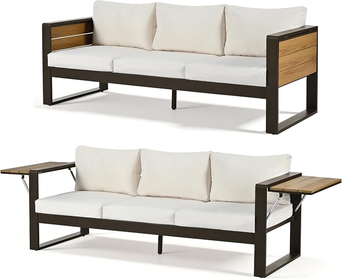 4-Piece Aluminum Frame Outdoor Patio Furniture Set for 5 Person, 3-Seater Sofa, 2 Armchairs with Fold-Out Side Tables, Modern Garden/Patio Seating, All-Weather Use, Beige Cushions
