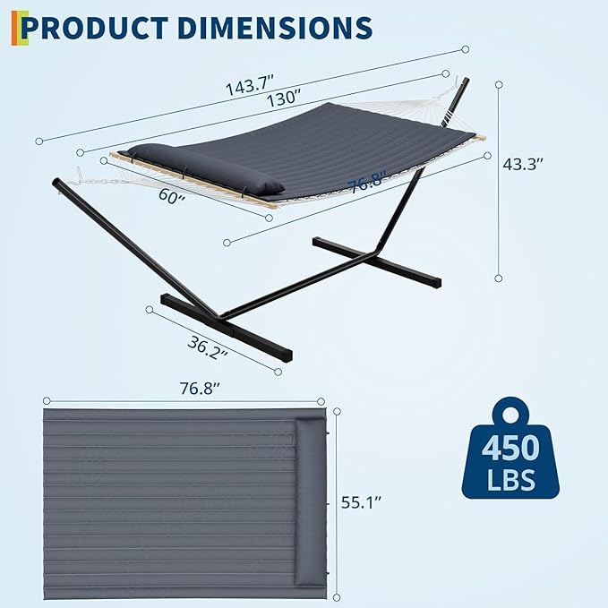 2-Person Hammock with Stand, Heavy Duty 450lbs Capacity, Portable Foldable Steel Frame Hammock Set for Outdoor, Backyard, Camping – Includes Comfortable Pillow & Carry Bag (Grey)