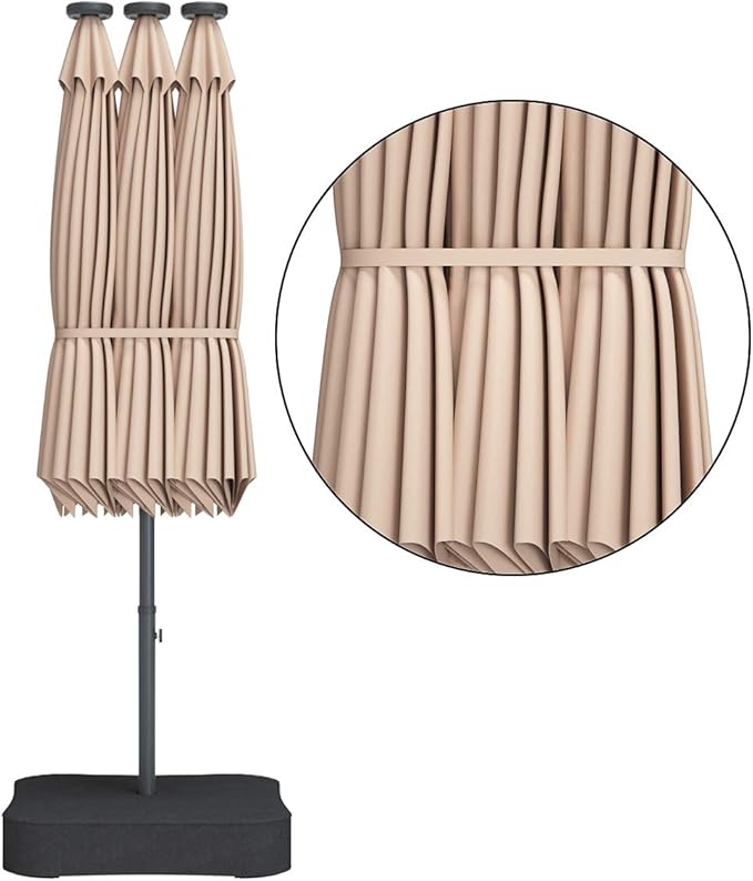 Tangkula 15 Ft Solar Patio Umbrella with Base, Extra Large Outdoor Double-Sided Twin Umbrella with 36 LED Lights & Crank Handle for Garden, Deck, Poolside, Patio (Beige)