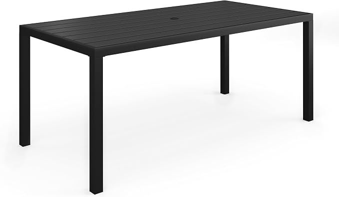 Martha Stewart Lily Pond 72" All-Weather Patio Table with Slatted Tabletop, Umbrella Hole, and Steel Frame in Black