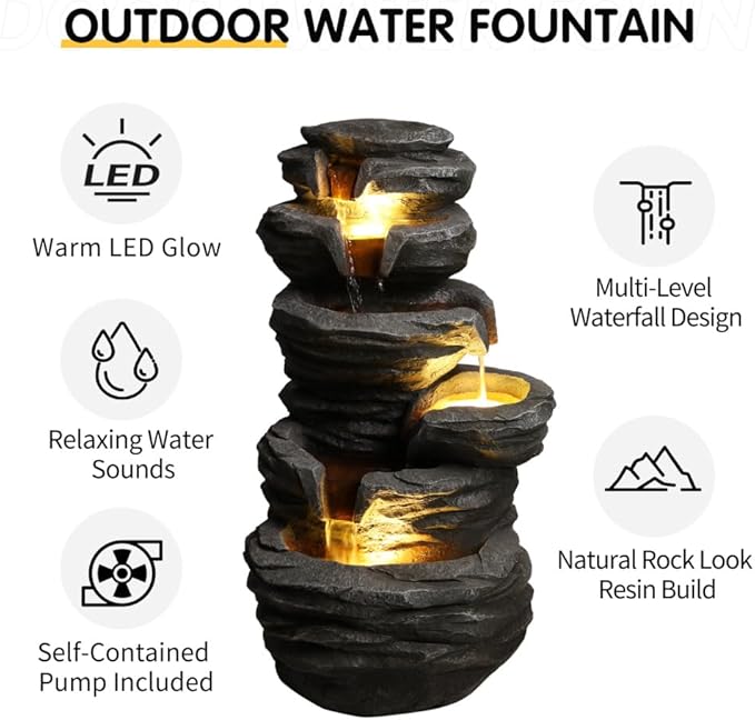 Outdoor Waterfall Fountain with LED Lights for Garden, Patio & Lawn Decor, Weather-Resistant (25.6'' H)
