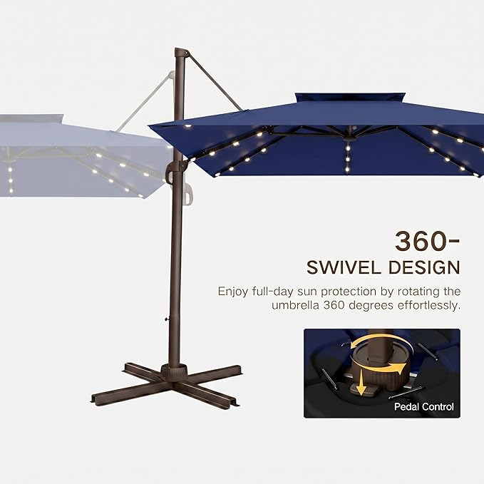 Kingdura Cantilever Patio Umbrella with Double Top Vent, Large Square Aluminum Outdoor Offset Umbrella with 360-degree Rotation, Infinite Tilt, UV Protection for Pool Deck Garden Patio