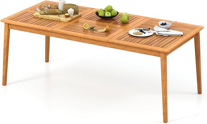 HAPPYGRILL Outdoor Acacia Wood Dining Table for 8 People, 79” x 35” Rectangular Patio Bistro Table with Built-in Umbrella Hole, Wooden Picnic Table for Porch, Garden, Backyard, Natural