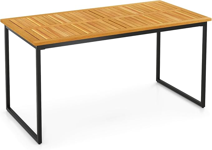Patio Dining Table, 6-Person Acacia Wood Dining Table with 2 Inches Umbrella Hole, Slatted Tabletop & Adjustable Foot Pads, Outdoor Dining Table for Garden, Poolside & Dining Room