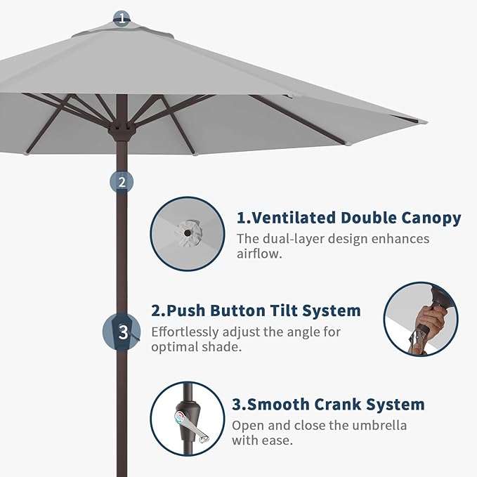 10FT Patio Umbrella Outdoor Market Umbrella with Crank and Tilt, 8 Flexible Fiberglass Ribs, UV-Resistant Waterproof Canopy for Patio, Deck, Garden, Backyard, Light Gray