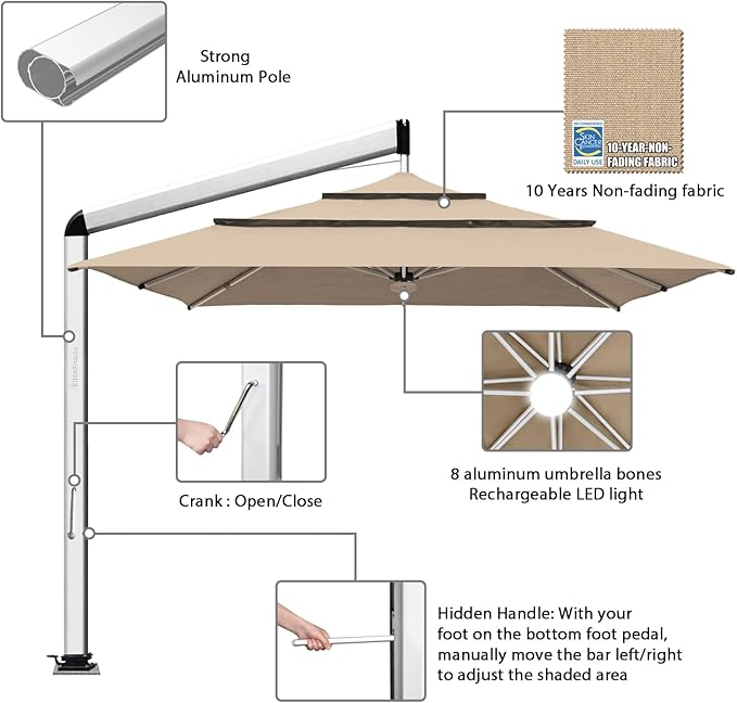 EliteShade USA Atlas 3-Tier 10x10FT Full Aluminum Cantilever Patio Umbrella for Outdoor restaurant Garden Courtyard Deck Pool and Marketing with Light,Heather Beige