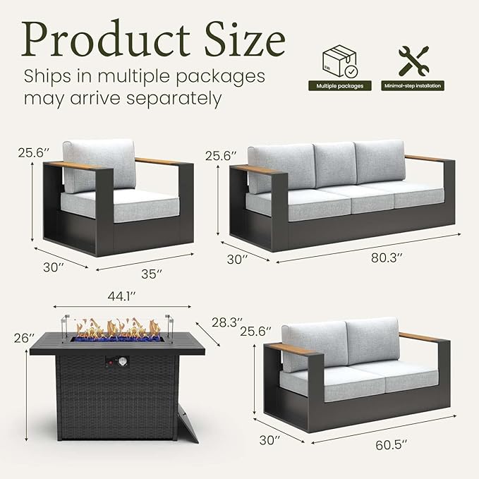 LayinSun 5 Pieces Aluminum Patio Furniture Set with Fire Pit Table, Oversized Outdoor Conversation Set 7 Seats with 6" Thick Cushions for Outside Porch, Balcony, Deck
