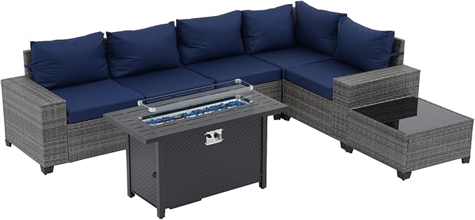 JOIVI 7 Pieces Outdoor Patio Furniture Set with 45” 50000BTU Fire Pit Table, Rattan Patio Conversation Set with Coffee Table, L-Shaped Sectional Sofa and Propane Fire Pit Set, Navy Blue