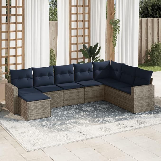 8 Piece Patio Sofa Set Gray PE Rattan Outdoor Sectional with Navy Cushions 25.8"x24.4"x27.2" Modular Balcony Furniture Conversation Couch for Garden Terrace and Backyard