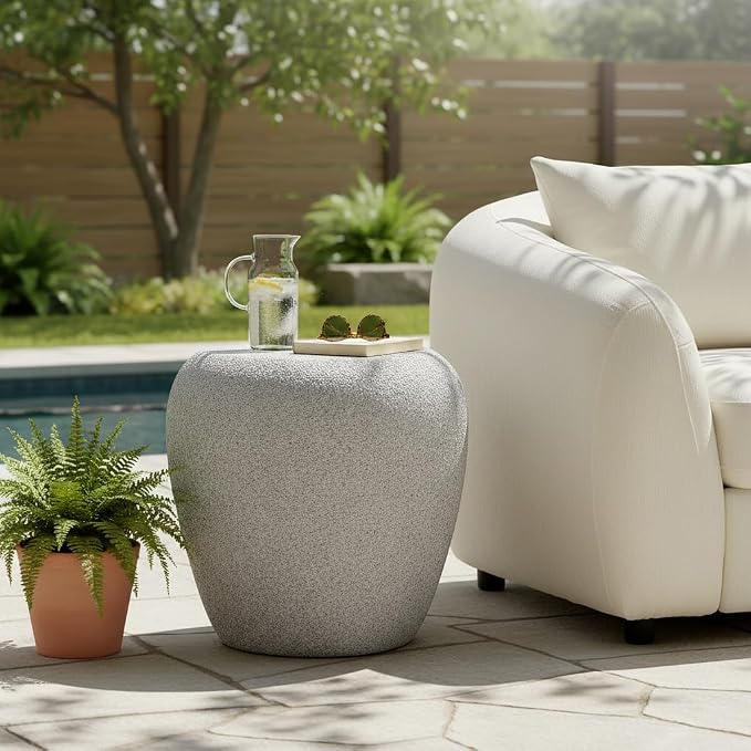 19.29" Irregular Fiberglass Outdoor Side Table, Durable Small Drink Table for Small Spaces, Scratch-Resistant & Waterproof End Table for Living Room, Apartment, Office, Beige