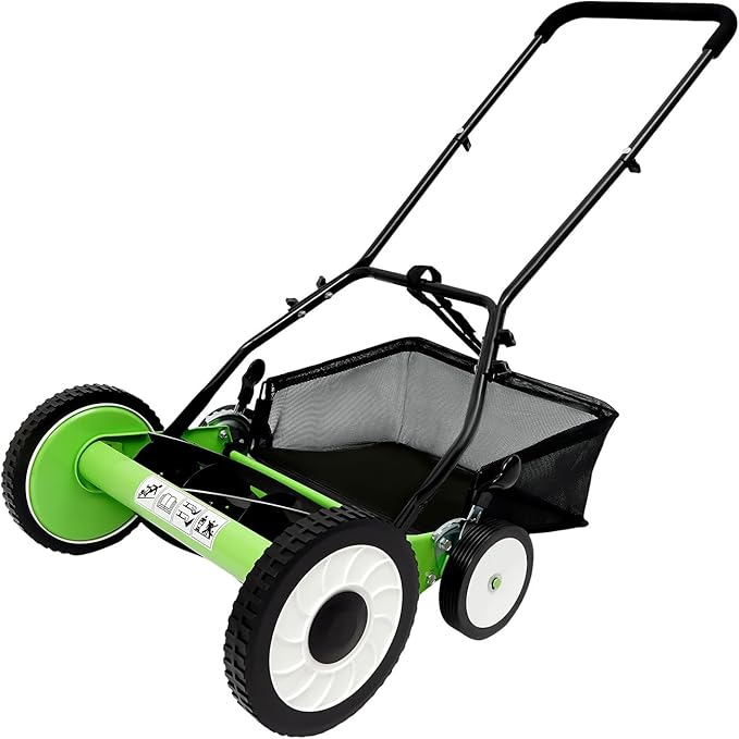 Manual Lawn Mower with Bag - 16'' 5-Blade Cordless Push Lawn Mowers, Adjustable Cutting/Handle Height Grass Cutter, Motorless Reel Mowers for Villa Courtyards, Park Greening, Gardens, Green