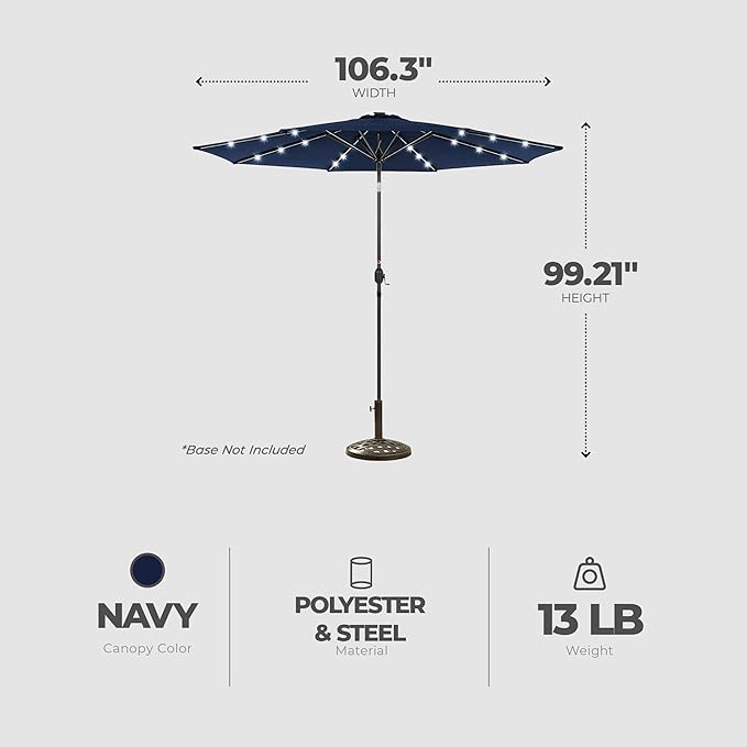 Four Seasons Courtyard 9 Foot Polyester 2 Section Steel Pole Outdoor Patio Market Umbrella with Open Tilt System and LED Lights on 8 Steel Ribs, Navy