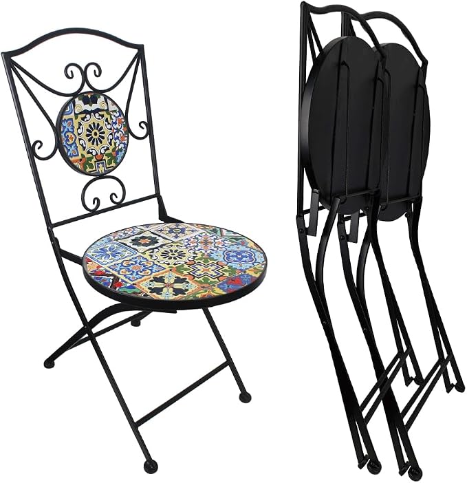 3 Piece Bistro Sets Mosaic Tile Round Table Folding Chairs Garden | Set of 3 Patio Furniture 23.6" Table and 2 Chairs Outdoor Bistro Chairs Artistic Table for Balcony Porch Apartment Backyard