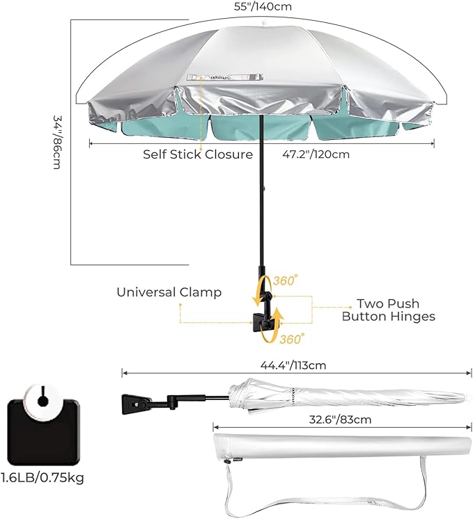 Prospo Beach Chair Umbrella with Universal Adjustable Clamp, UV Protection Sunshade Umbrella for Outdoor, Strollers, Wheelchairs, Patio Chairs, Bleacher, and Golf Carts