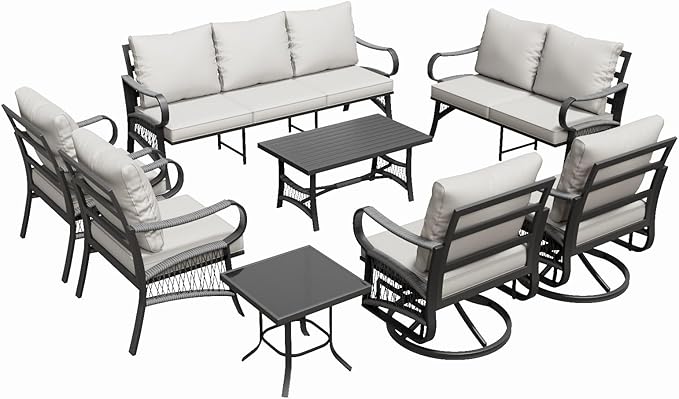 8 Piece Patio Furniture Set, 9 Seat Metal Outdoor Sectional Sofa Set with 2 Swivel Chairs, Patio Conversation Set with Thick Cushions and Coffee Table for Garden, Porch, Lawn, Beige