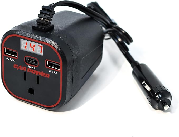 FAMIDGE 200W Car Power Inverter, 12v to 110v, Car Outlet Adapter with Dual USB and Type-C, Laptop Adapter, Red