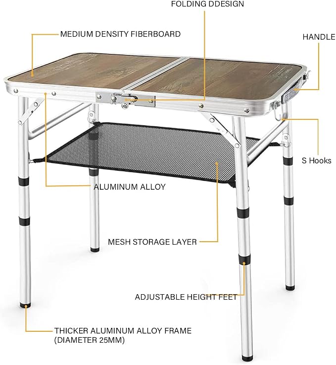 YihuiKo Small Folding Table, 3 Adjustable Heights Picnic Table, Outdoor Folding Table with Storage Mesh Layer, Portable Table for Outdoor & Indoor