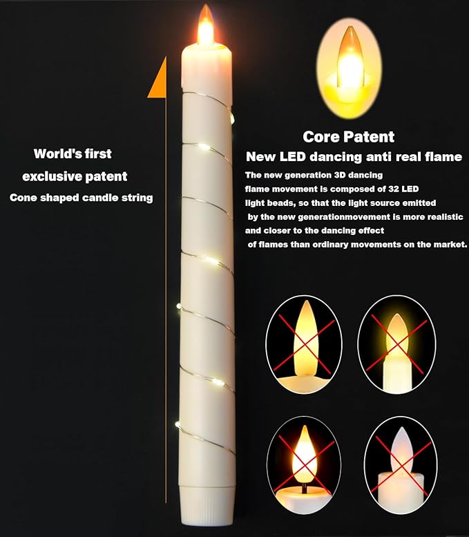 Flameless Cone Candle with Built-in Star String Light, 11-Button Remote Control, Timer, Battery Powered, Simulated Flame, 3-Pack Window Candle, Christmas Home & Wedding Decoration (Ivory)