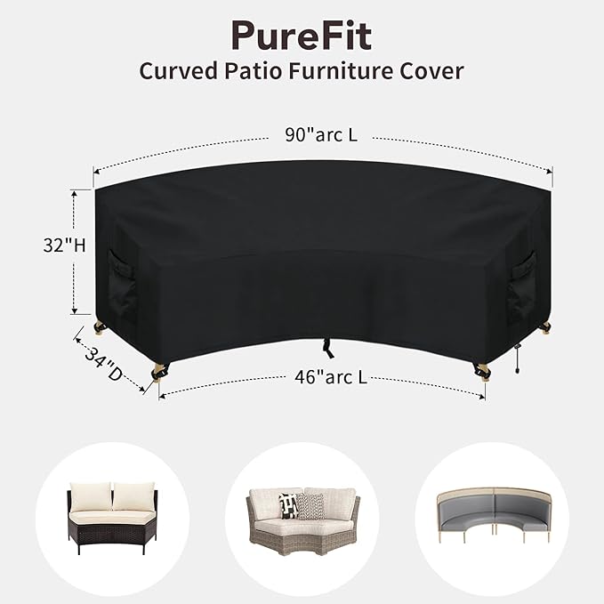 PureFit Outdoor Sectional Sofa Cover Waterproof Curved Patio Furniture Covers for Deck, Lawn and Backyard, 90Lx34Dx32Hx46FL, Black