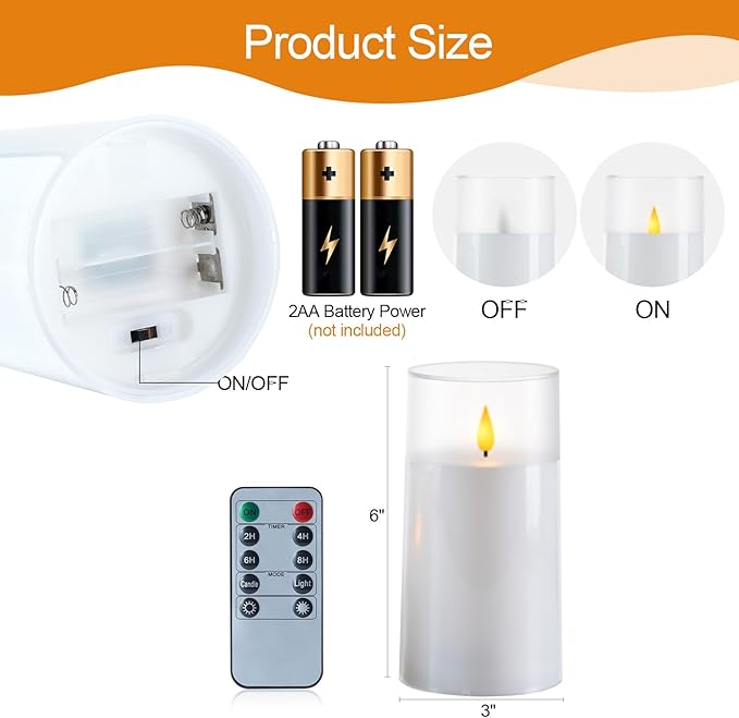 Homemory 3"×6" Battery Candles with Remote & Timer, White Acrylic Realistic Flickering LED Pillar Candles, Waterproof Fake Candle for Home and Lantern Decor, Set of 2