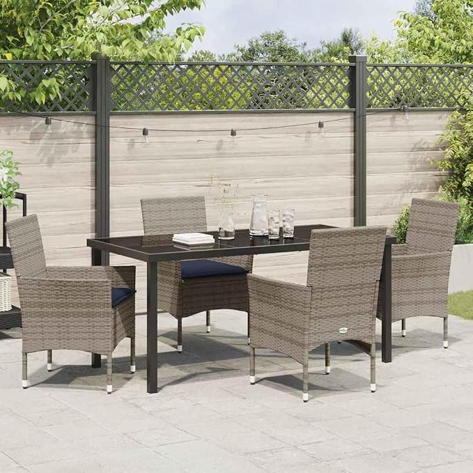 5 Piece Outdoor Dining Set, Grey PE Rattan Patio Furniture Table and Chair Set with Tempered Glass Tabletop and Cushions for Garden Backyard Deck