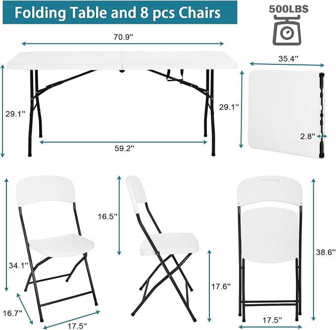 6ft Folding Table and Chairs, Outdoor Folding Chairs Set of 8, Foldable Table with Handle, Tables and Chairs for Parties, Picnic, Event, Indoor Outdoor Activities, at Home and Commercial Use