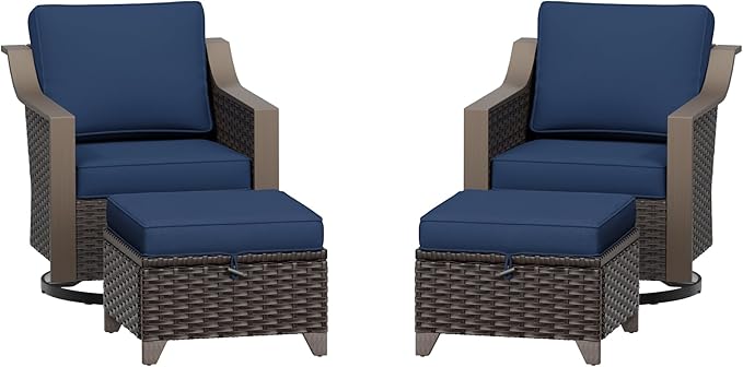 Patio Metal Wicker Swivel Chairs with Ottomans Set of 2, Conversation Furniture Set - 360 Degree Glider Rocker Chairs | 2 Wicker Ottomans, Washable Cushions, Metal armrests (Navy Blue)
