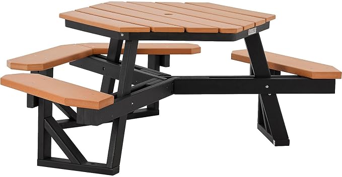 Global Industrial Outdoor 46" Hexagonal ADA Accessible Picnic Table with 3 Attached Benches, Recycled Plastic Construction, 1600 Lbs Weight Capacity, Cedar